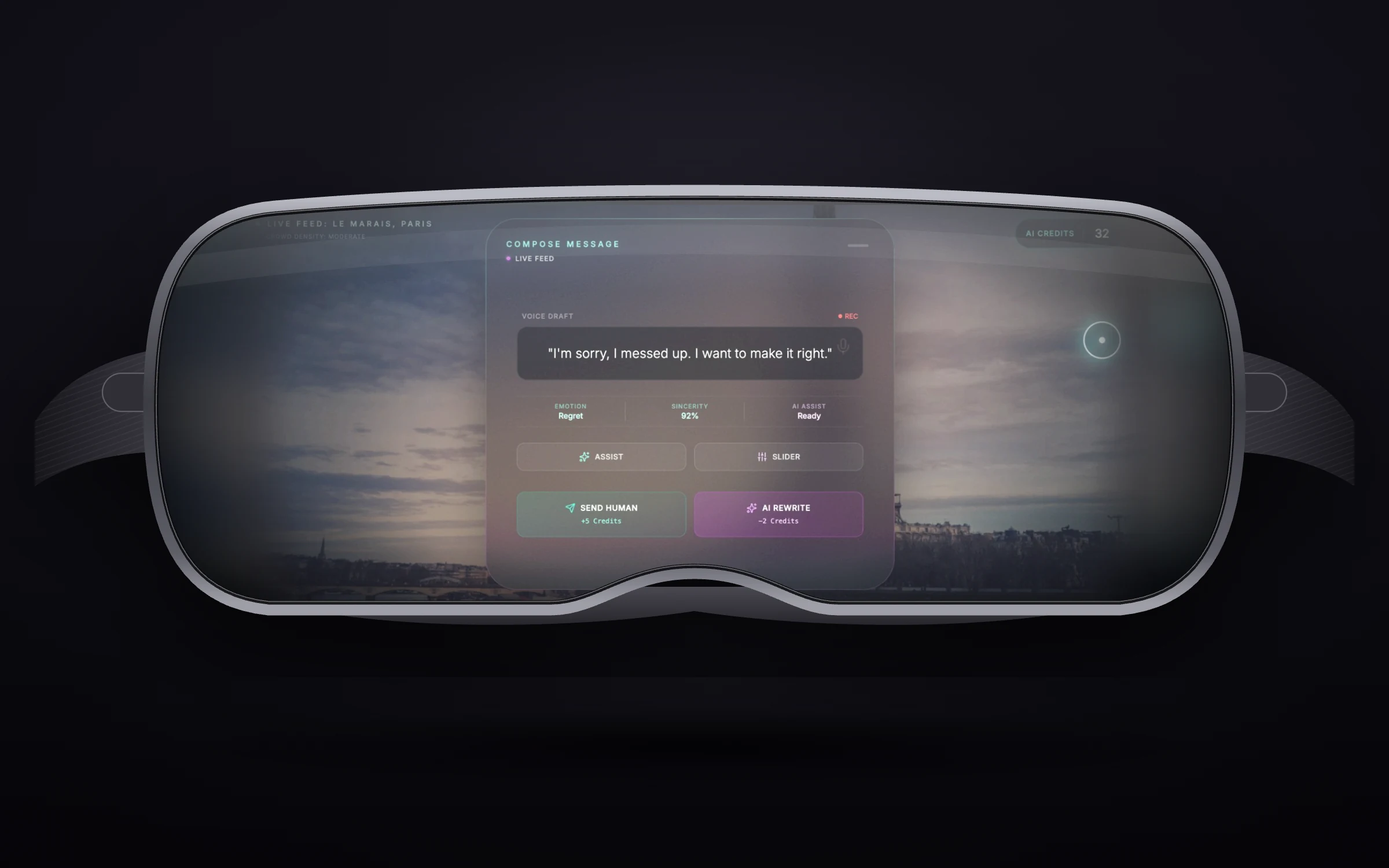 The Human Intelligence compose-message screen shown inside a VR headset visor