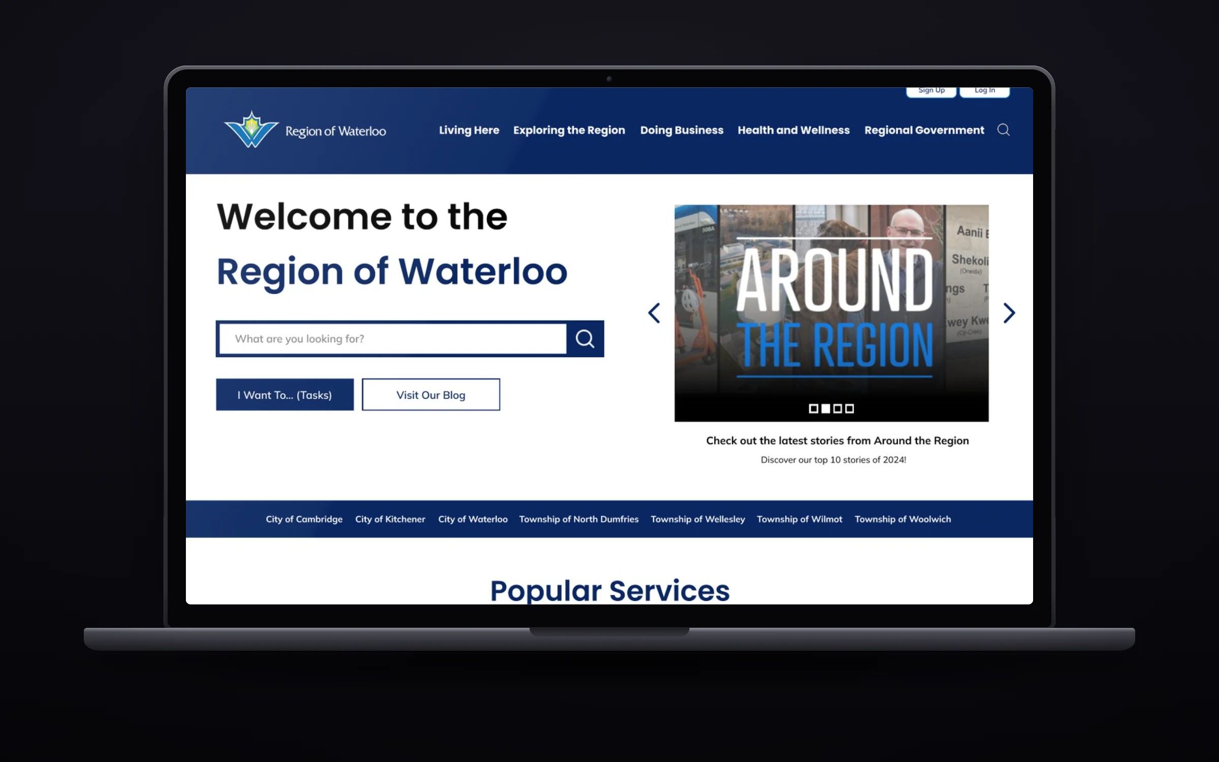 The redesigned Region of Waterloo landing page on a laptop