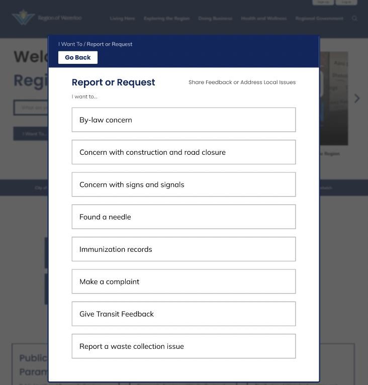 Report or Request options such as by-law concern and transit feedback