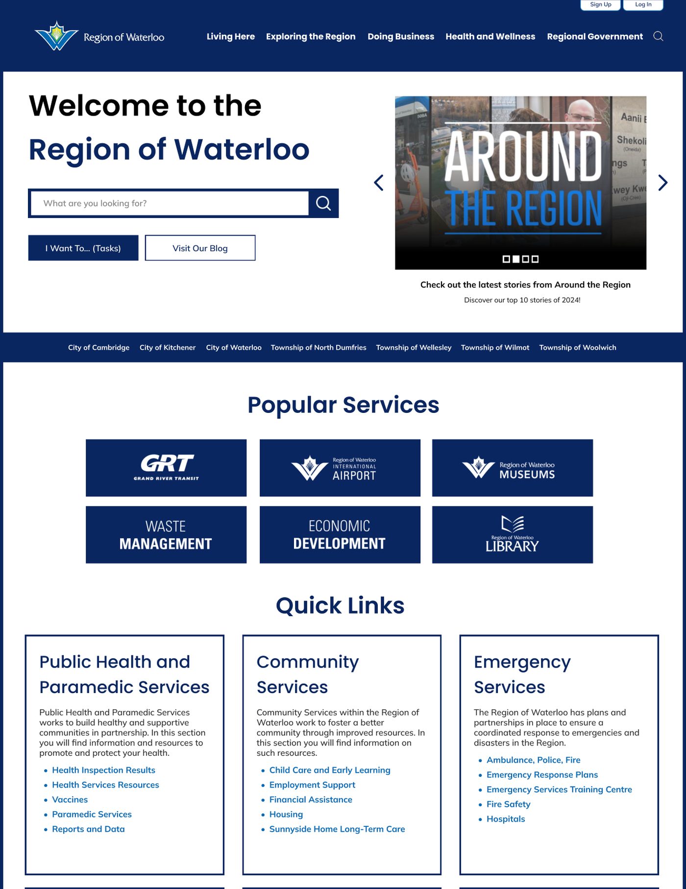 Our redesigned landing page with search, the task menu and popular services above the fold