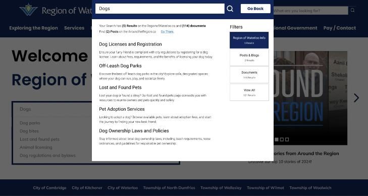 Redesigned search with filters for site results, news and documents